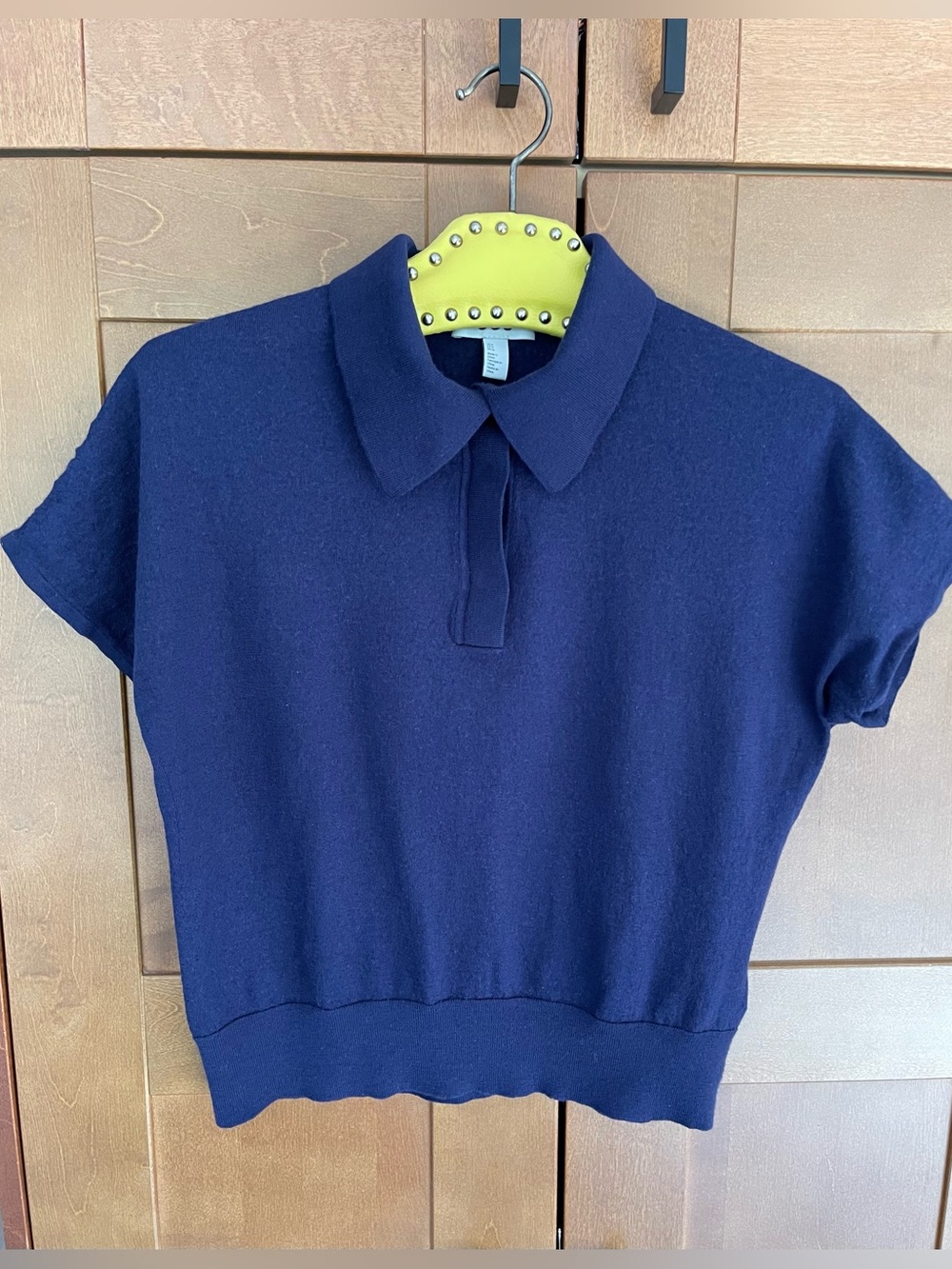 COS Women's Navy Short Sleeve 100% Boiled Merino Wool Cropped Polo Sweater, S/M